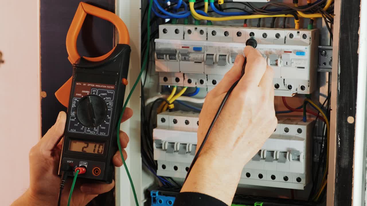 los electricistas ponen las manos a probar la corriente eléctrica en el panel de control. el ingeniero electricista trabaja midiendo el voltaje y la corriente de la línea eléctrica en el control del gabinete eléctrico.