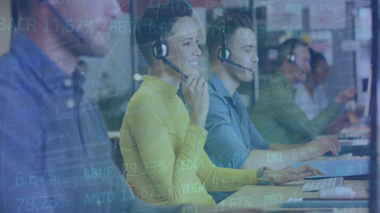 Animation of financial data processing over diverse colleagues using phone headsets in office