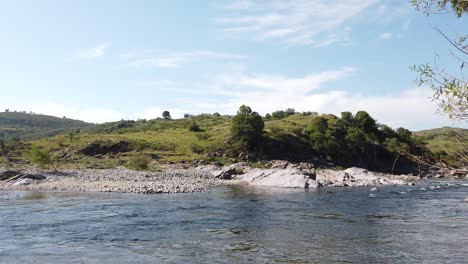 Panoramic-Summer-Landscape-of-Stone-Indigenous-River-Sierras,-Cordoba-Argentina-Skyline-Around-Calamuchita-Valley