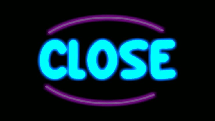 Animation af blå neonlystekst 'CLOSE' i en moderne ramme på sort baggrund, velegnet til butikker, detailhandel, feriesteder og barer som en del af et salgsfremmende forretningskoncept.