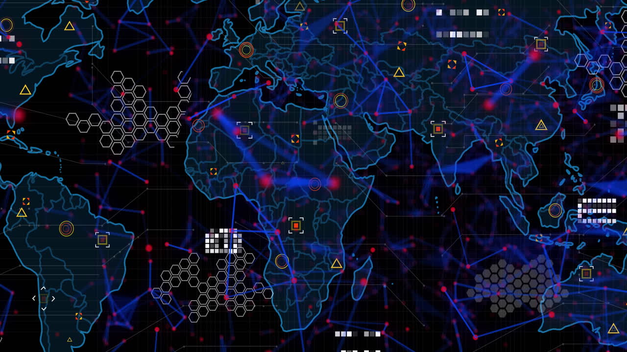 Animation of plexus networks and data processing over world map against black background