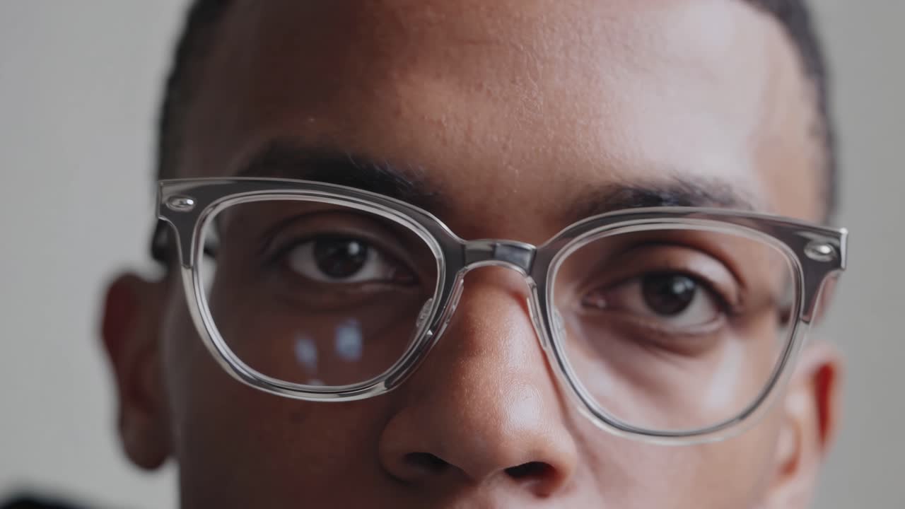 Close-up video of a person wearing glasses, focusing on the eyes