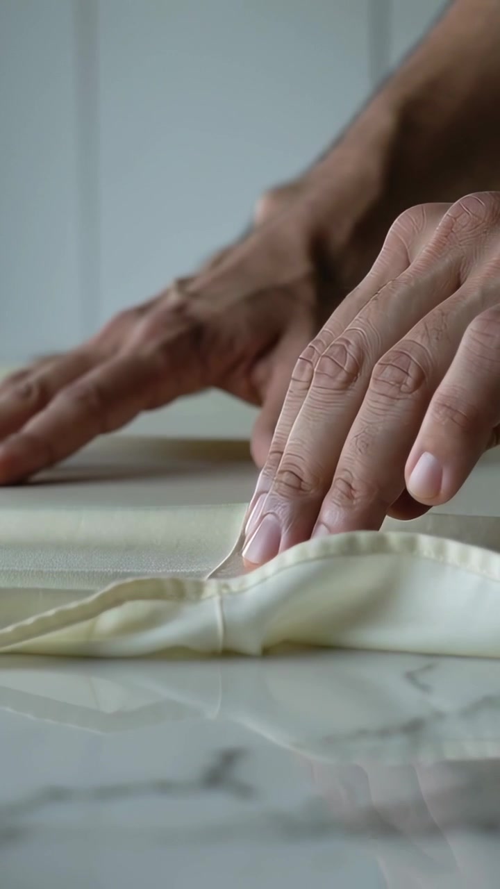 Video verticale: Braccia nude che ripiegano la pasta su un piano di marmo con paraschizzi piastrellato, sigillando il bordo