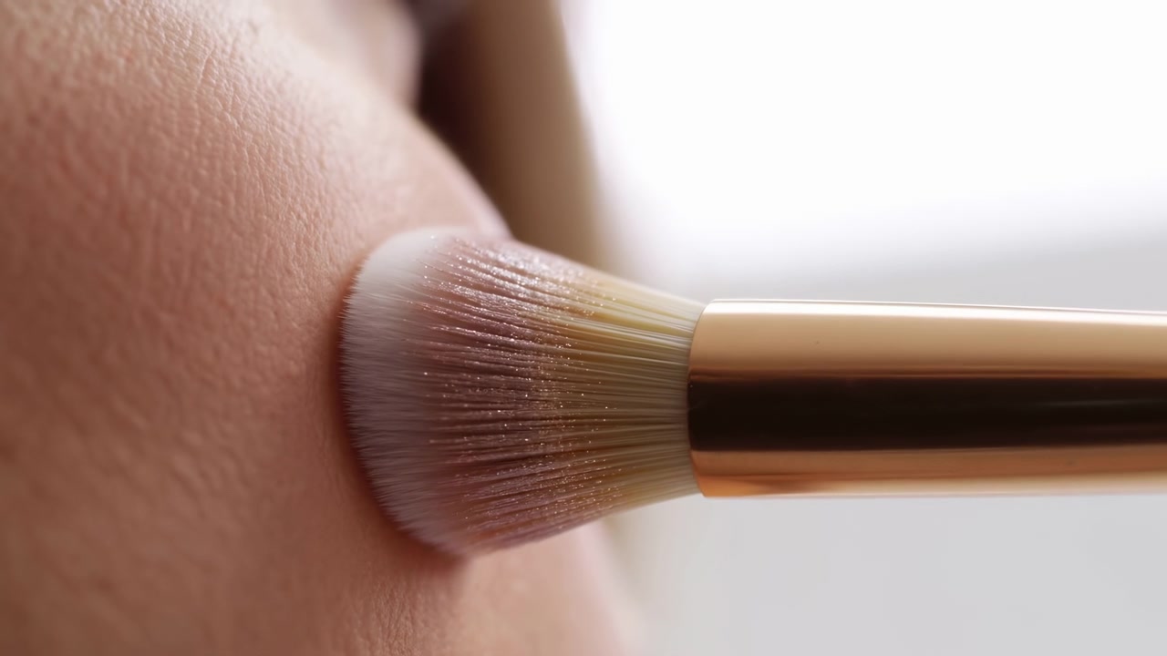 Close view of synthetic makeup brush pressing and blending powder on warm cheek, showing visible bristle splay, slight skin indentation, smooth texture, soft studio light, clean beauty detail