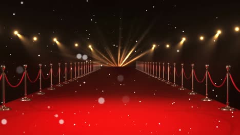 Animation-of-white-spots-floating-over-red-carpet-venue-with-moving-spotlights