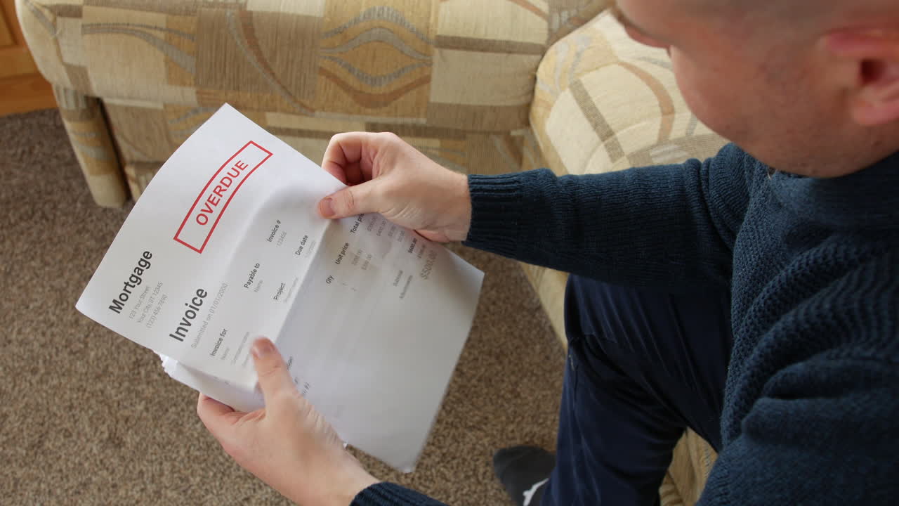 un hombre está abriendo una carta de deuda en casa