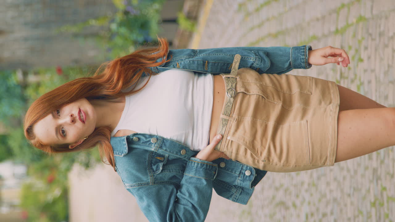 retrato de video vertical de una vlogger o influyente social posando en la ciudad para las redes sociales