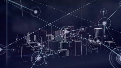 animación de la red de conexiones sobre el paisaje urbano en 3d