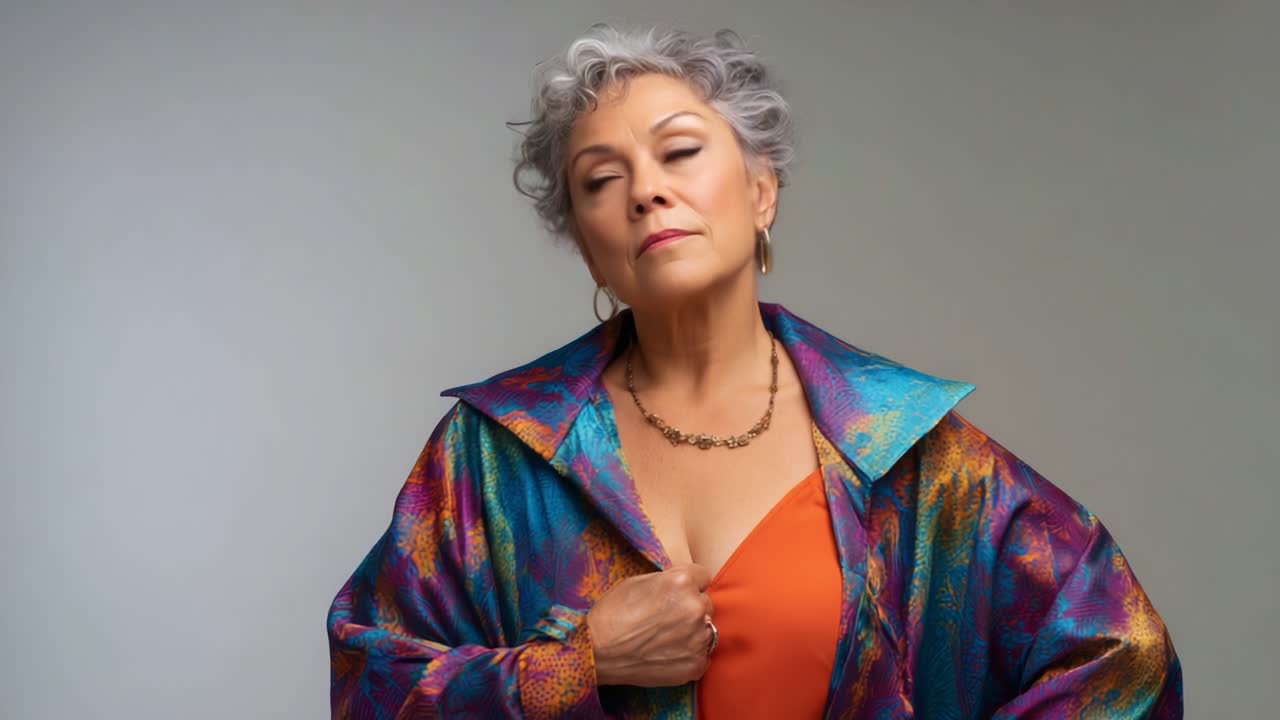 Una donna sicura di sé che posa elegantemente in abiti colorati, mostrando grazia e stile con il suo senso della moda unico ed espressioni ponderate catturate in due immagini