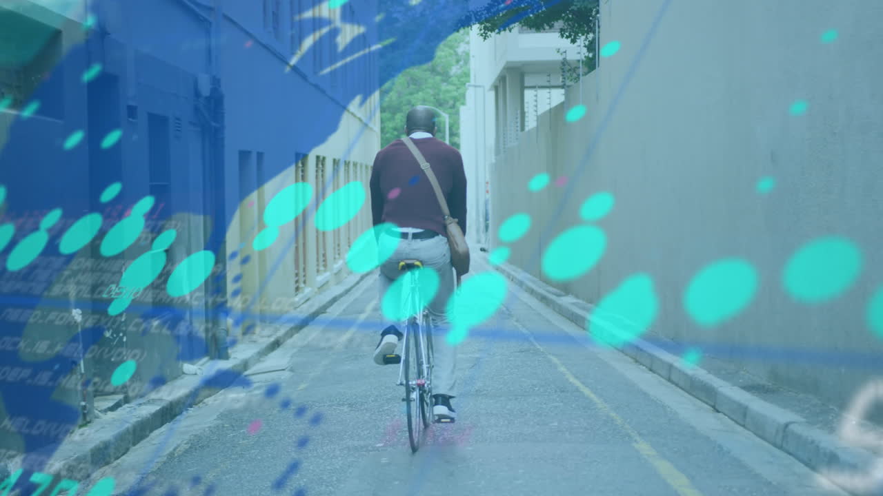 animación de gráficos, números cambiantes, mapa, hombre afroamericano montando en bicicleta al aire libre