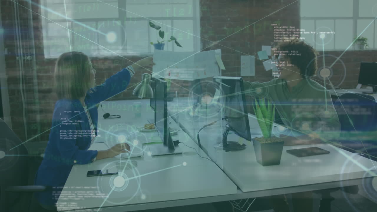 디지털 비디오는 글로벌 네트워크 데이터 교환과 사무실 문서 전달을 보여줍니다.