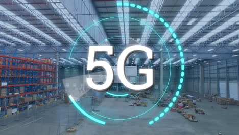 texto de 5g sobre escáner redondo de neón contra el almacén en el fondo