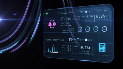 animation of financial data processing over light trails on black background