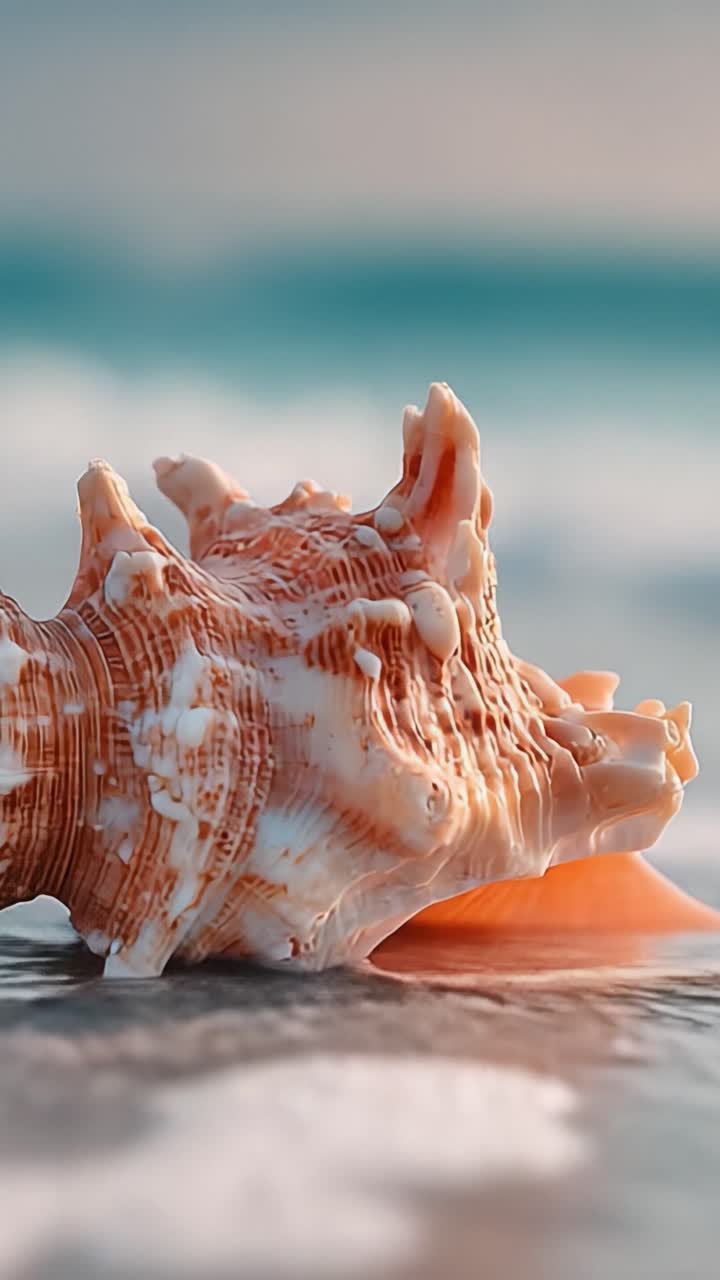A Close-Up View of a Beautifully Textured Sea Shell Resting on a Tranquil Beach with Gentle Waves and Soft Sand in the Background Captured in Stunning Detail