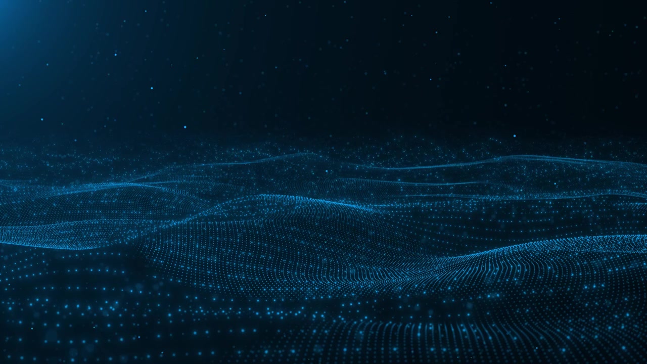 Blue particle wave data background glowing dotted terrain flowing mesh lines and dark cinematic