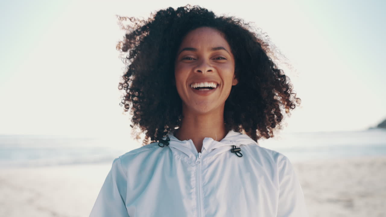 Laughing, face and woman at beach for fitness