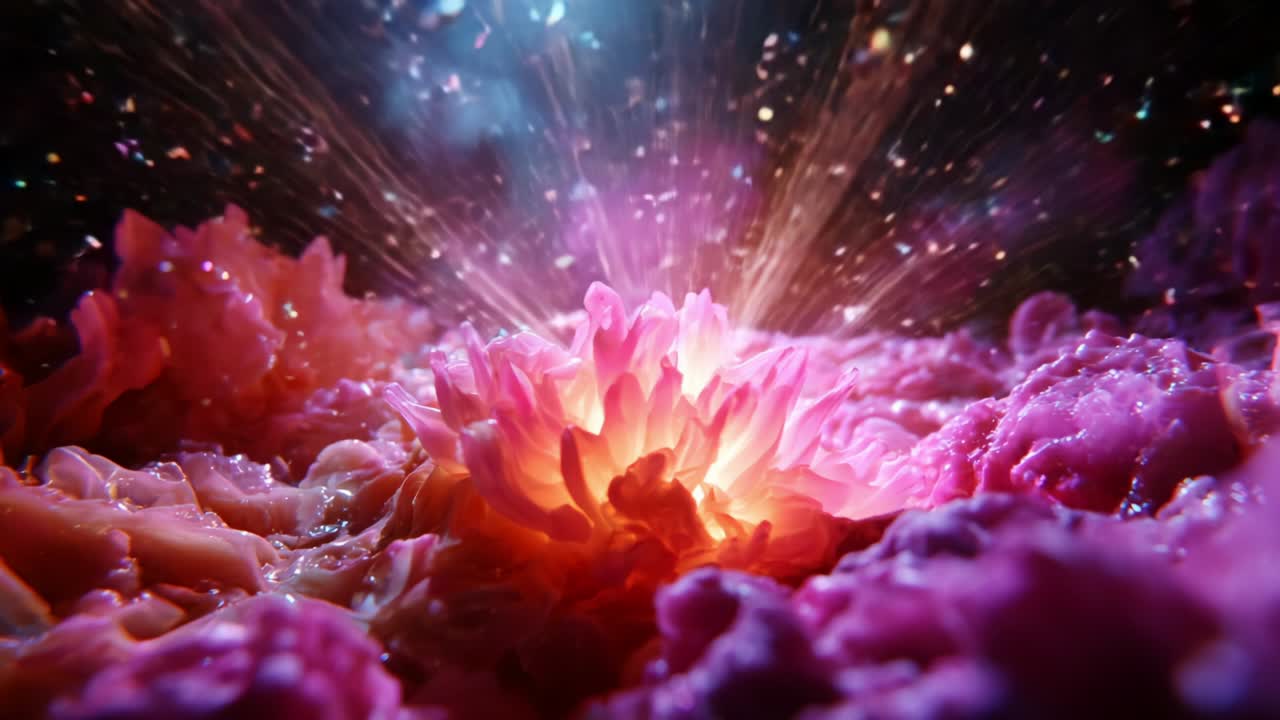 A Stunning Close-Up of a Radiant Flower Emanating Vibrant Light Amidst a Sea of Textured Petals, Creating a Magical Ethereal Scene Filled with Bursts of Color and Sparkling Particles, Capturing Nature's Beauty