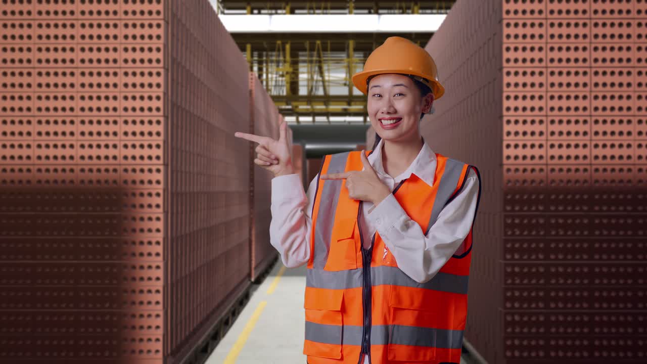Asian Female Engineer With Safety Helmet Smiling And Pointing To Side While Standing With Red Brick Packed in Stacks Are Stored