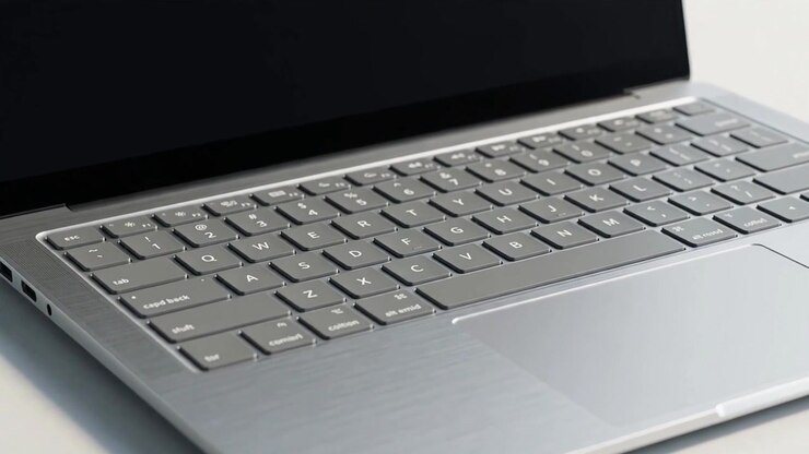 Primo piano di un sottile laptop argentato con schermo nero vuoto, visualizzazione di tecnologia moderna per concetti di innovazione digitale e dati