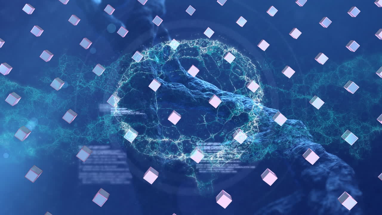 Animation of human brain, dna strand and rows of purple cubes over data processing