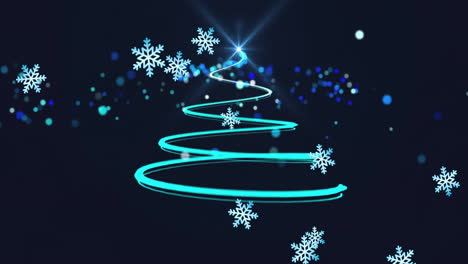 animation of christmas tree and snow falling on black background