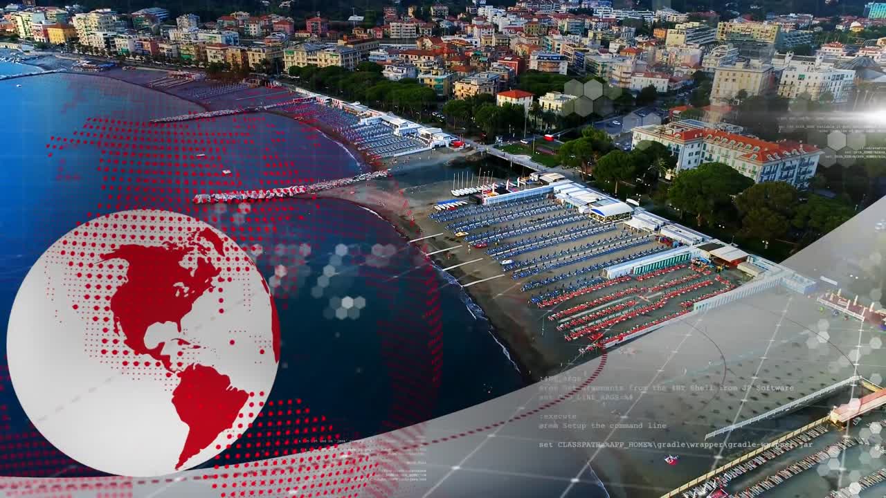 도시 풍경 위의 파일과 함께 드론을 통해 연결 네트워크의 애니메이션