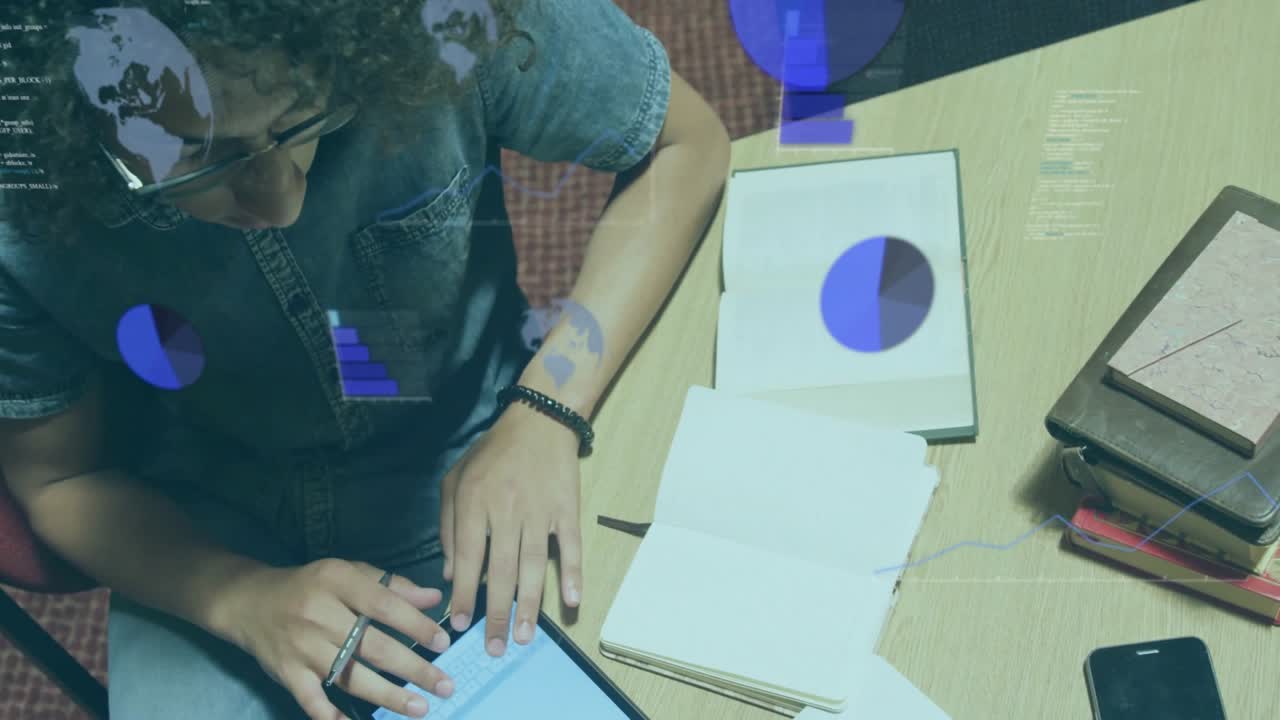 Man tapping tablet and swiping, revealing animated charts and world maps for data analysis