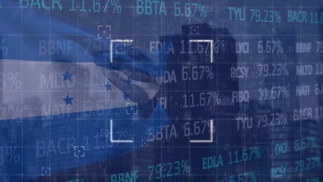 Animation-of-stock-market-and-data-processing-over-flag-of-honduras-and-cityscape