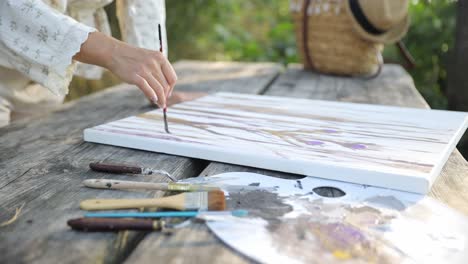 an artist deeply focused at work in nature capturing a beautiful and serene landscape