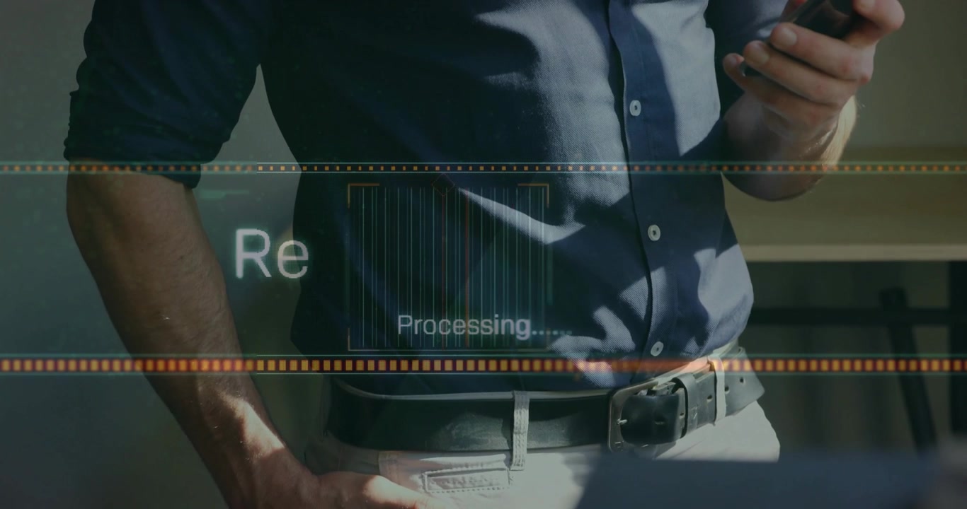 Businessman viewing receiving files overlay and lifting smartphone while monitoring progress bar