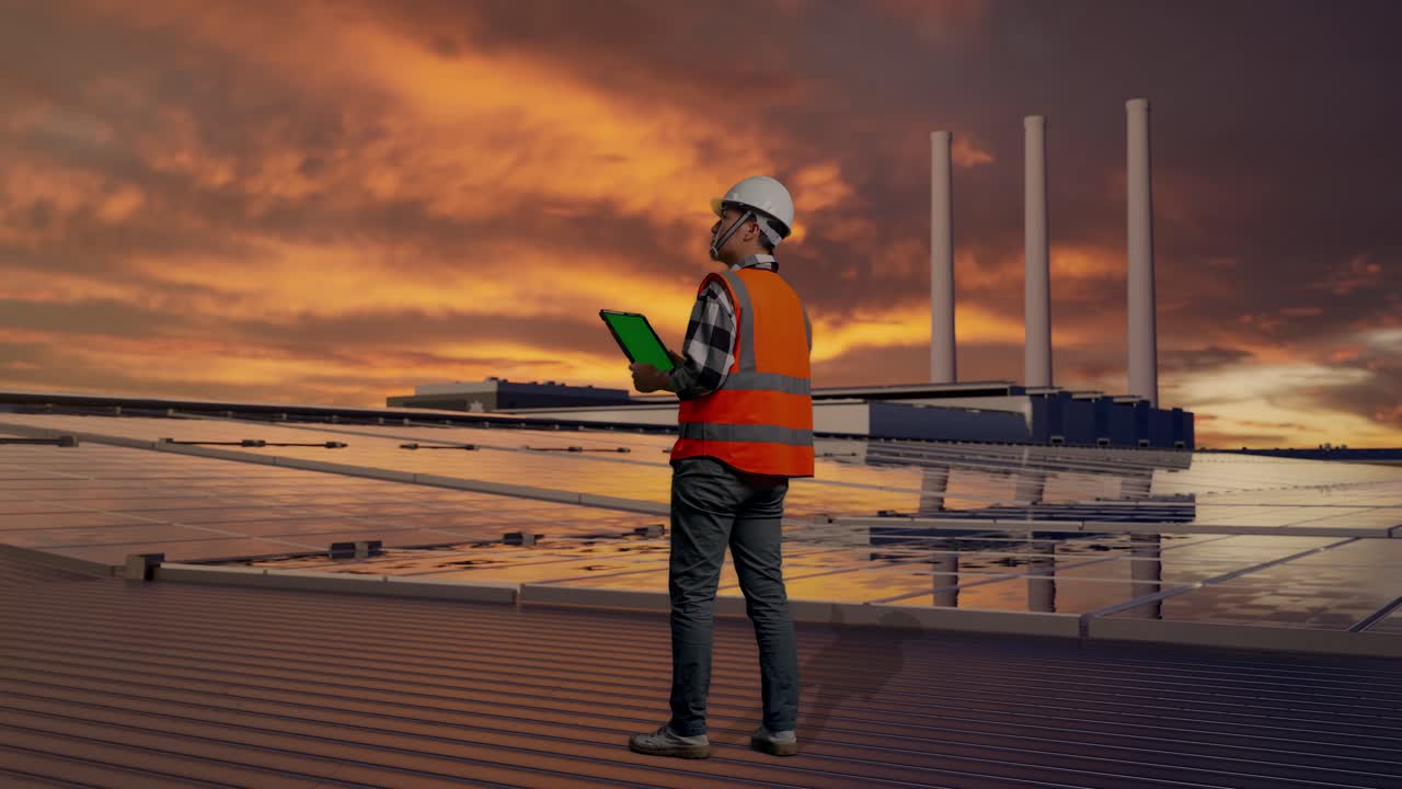 Ganzkörper-Rückenansicht eines asiatischen Ingenieurs mit Schutzhelm, der an einem Greenscreen-Tablet arbeitet und sich umschaut, während er stehend Solarpaneele auf einem Dach bei Sonnenuntergang inspiziert.