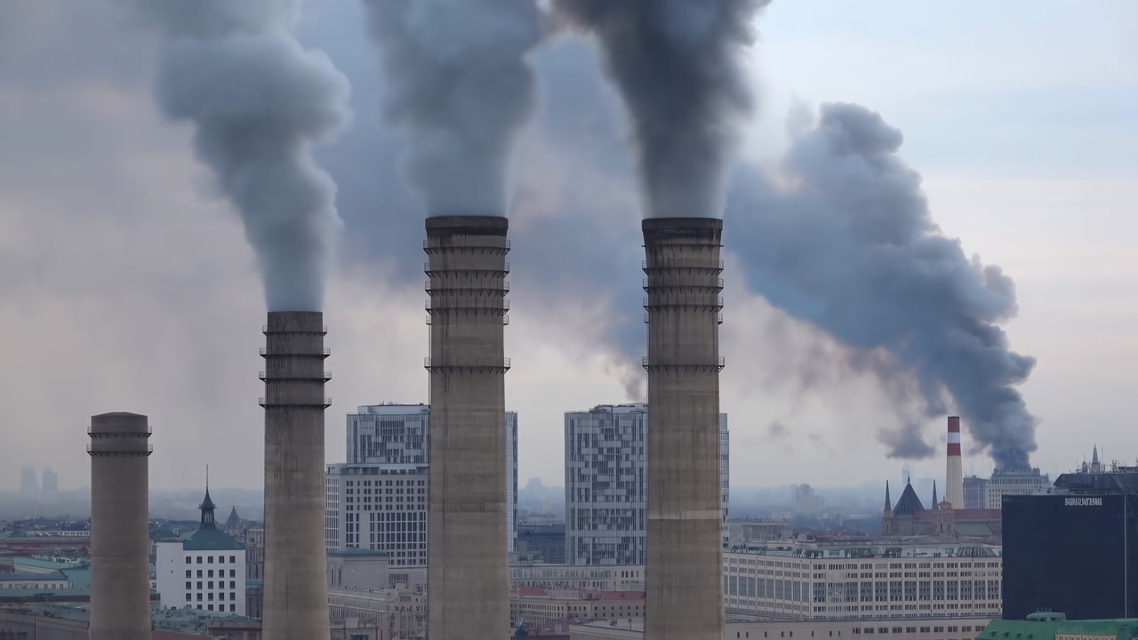 Smoke Billowing From City Chimneys, Bleak Industrial Skyline Under Gray Sky, Multiple Smokestacks Releasing