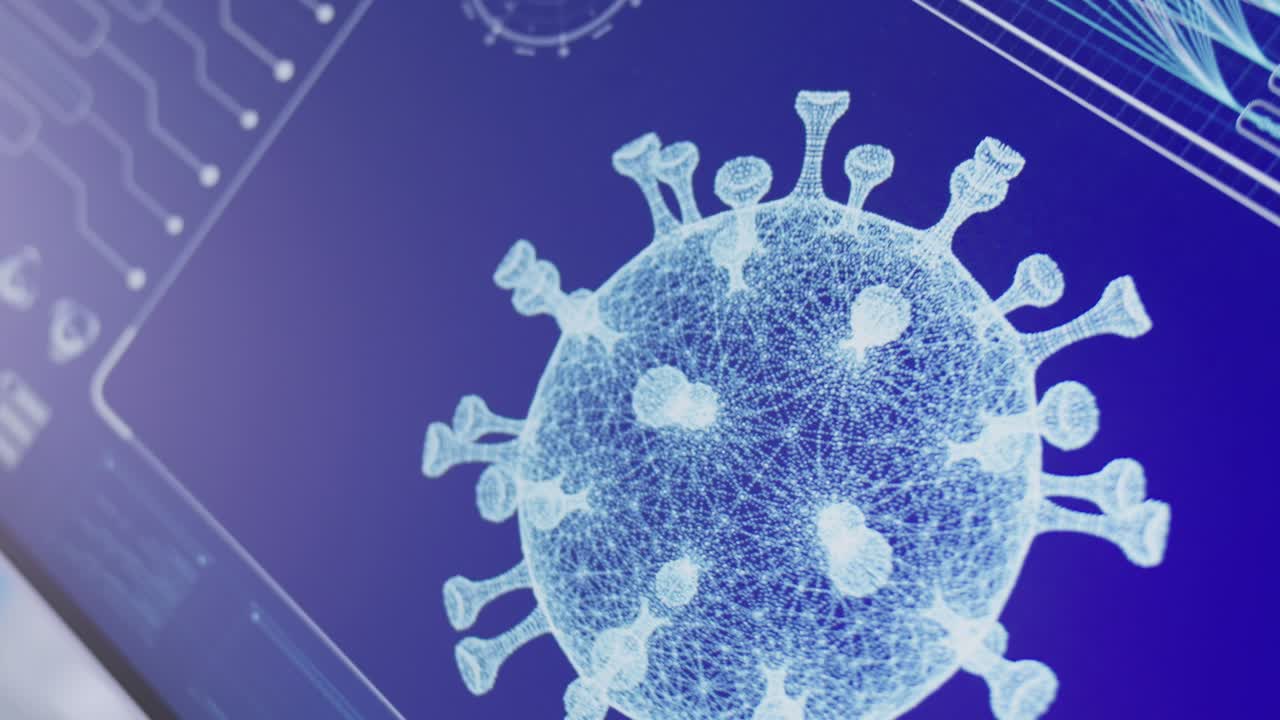 modelo de coronavirus en la pantalla de la computadora. investigación de laboratorio futurista
