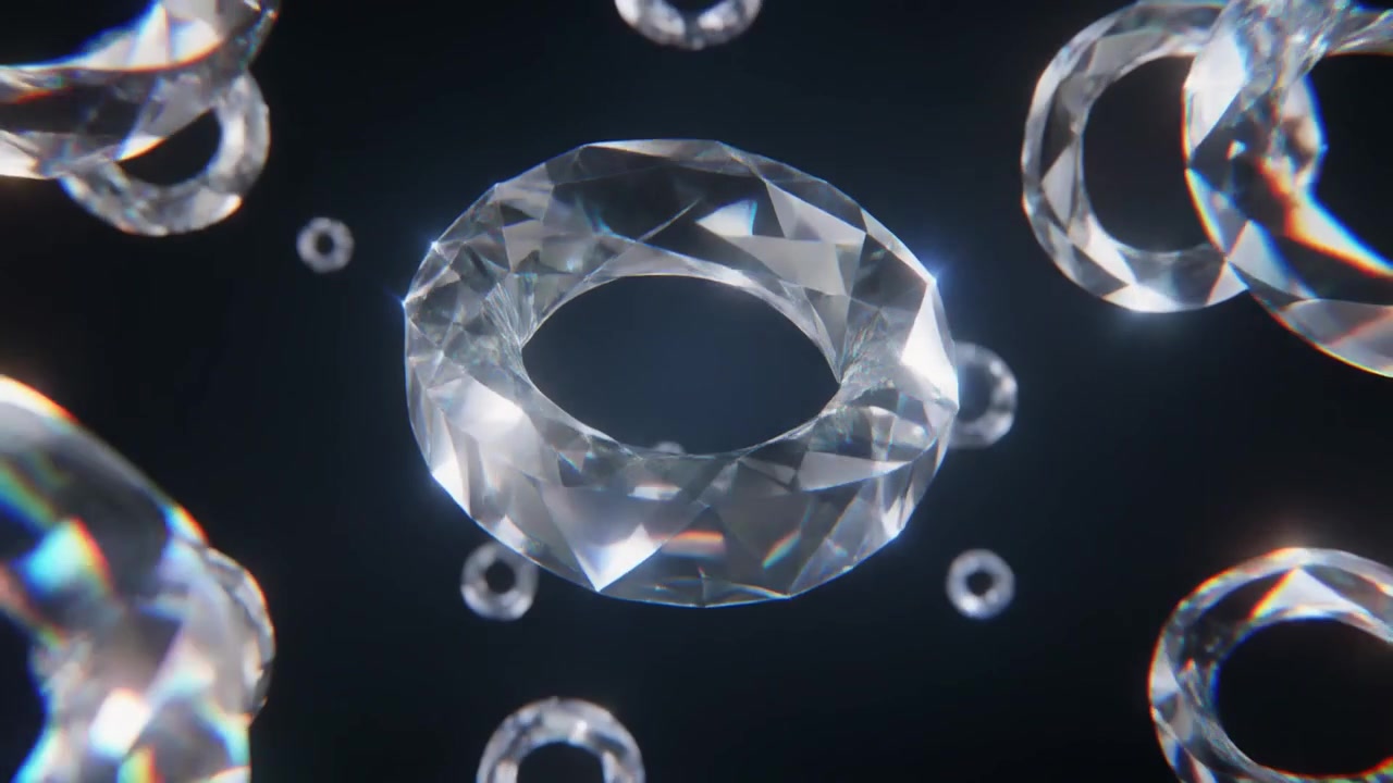 Anelli di diamante fluttuanti rotanti nello spazio scuro