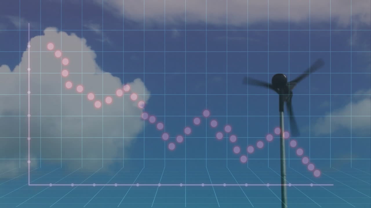 Modern wind turbine being visualized within 3D grid overlay, showing descending pink data points