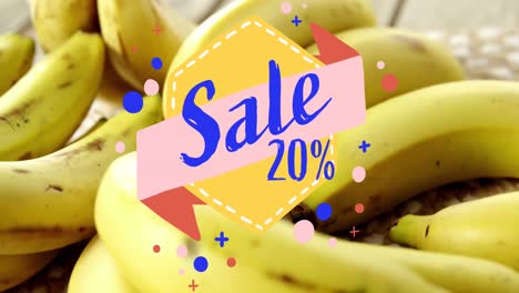 Animation-of-sale-text,-20-number-with-percentile-on-ribbon-in-hexagon-over-banana-on-table