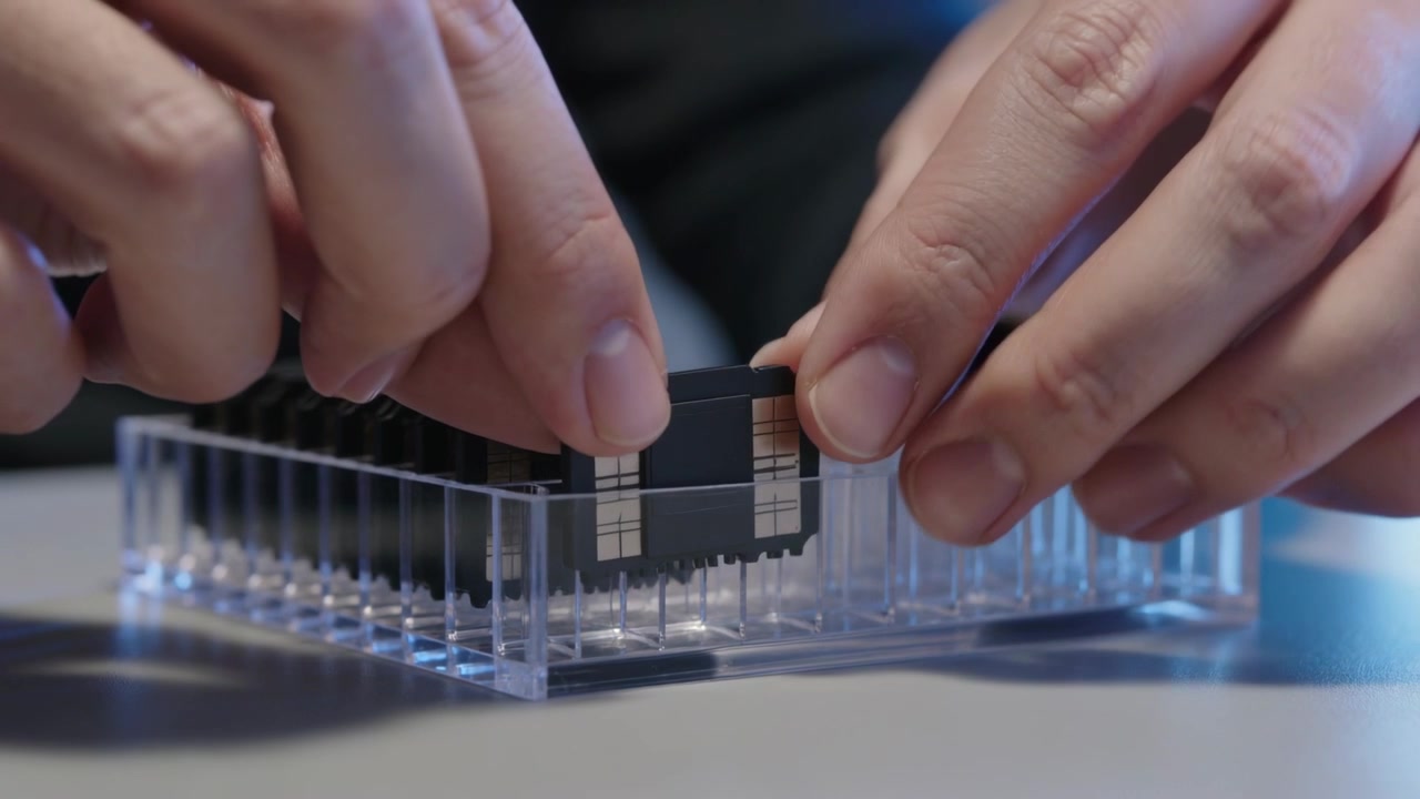 Sollevamento di un modulo, mani che si allineano, inserendolo in un vassoio trasparente sulla scrivania per posizionarlo uniformemente, con una camicia scura