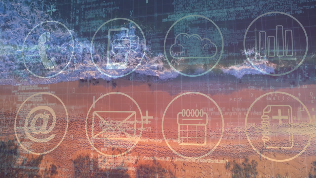 Graphic designers overlaying communication and data icons on beach shoreline, with code grid