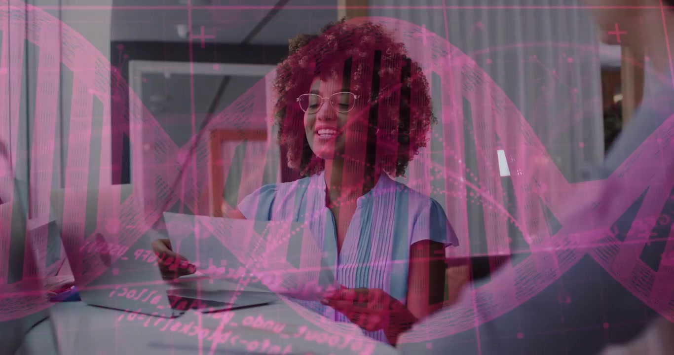 Biotech data analyst reading report and sparking pink DNA helix overlay pulsing while sharing chart
