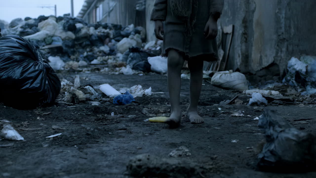 Bambino a piedi nudi in un ambiente disseminato di rifiuti