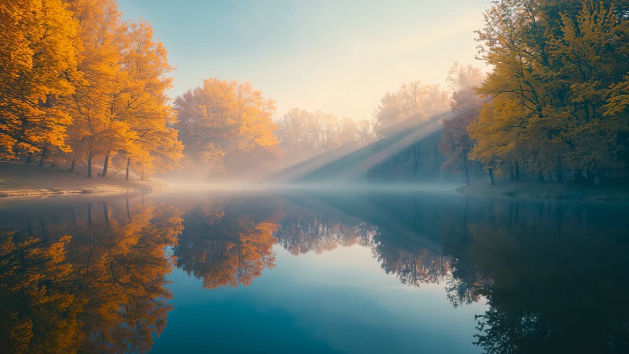 Piercing dawn sun rays drifting mist across autumn lake, illuminating golden foliage reflections