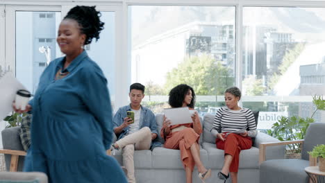 Recruitment,-waiting-room-and-woman-for-interview