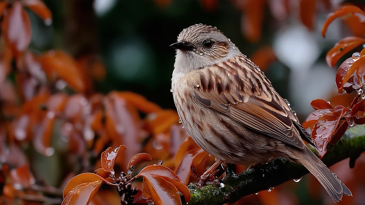 A Beautifully Feathered Bird Perched on Branch Amidst Vibrant Autumn Leaves, Capturing Nature's Splendor with Raindrops Adorning Its Feathers