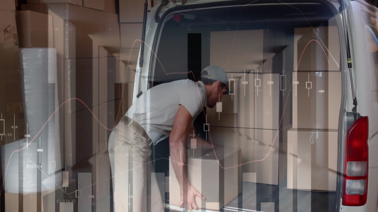 procesamiento de datos estadísticos contra hombre caucásico repartidor apilando cajas en su furgoneta de reparto