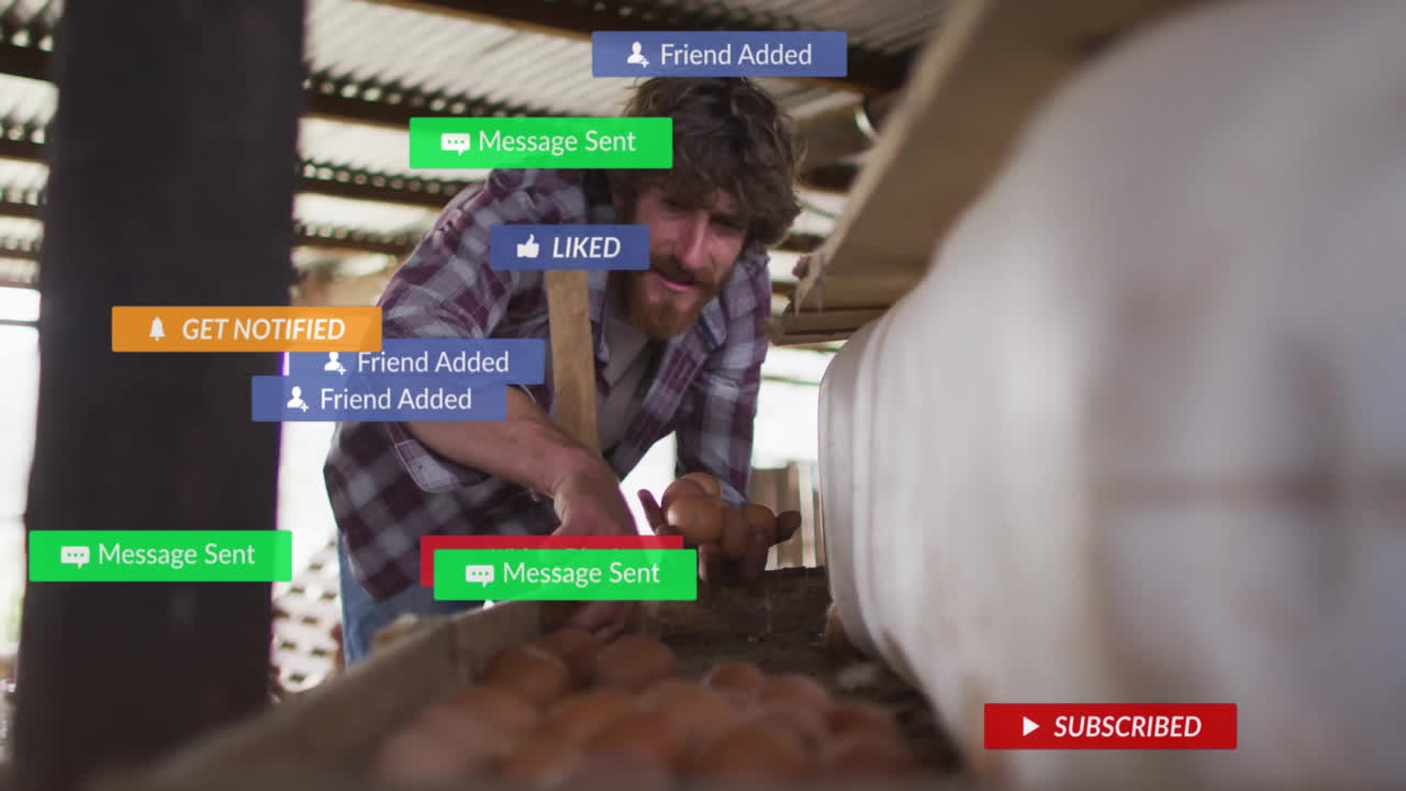 Farm worker leaning over crate picking brown eggs inside barn with floating social media icons