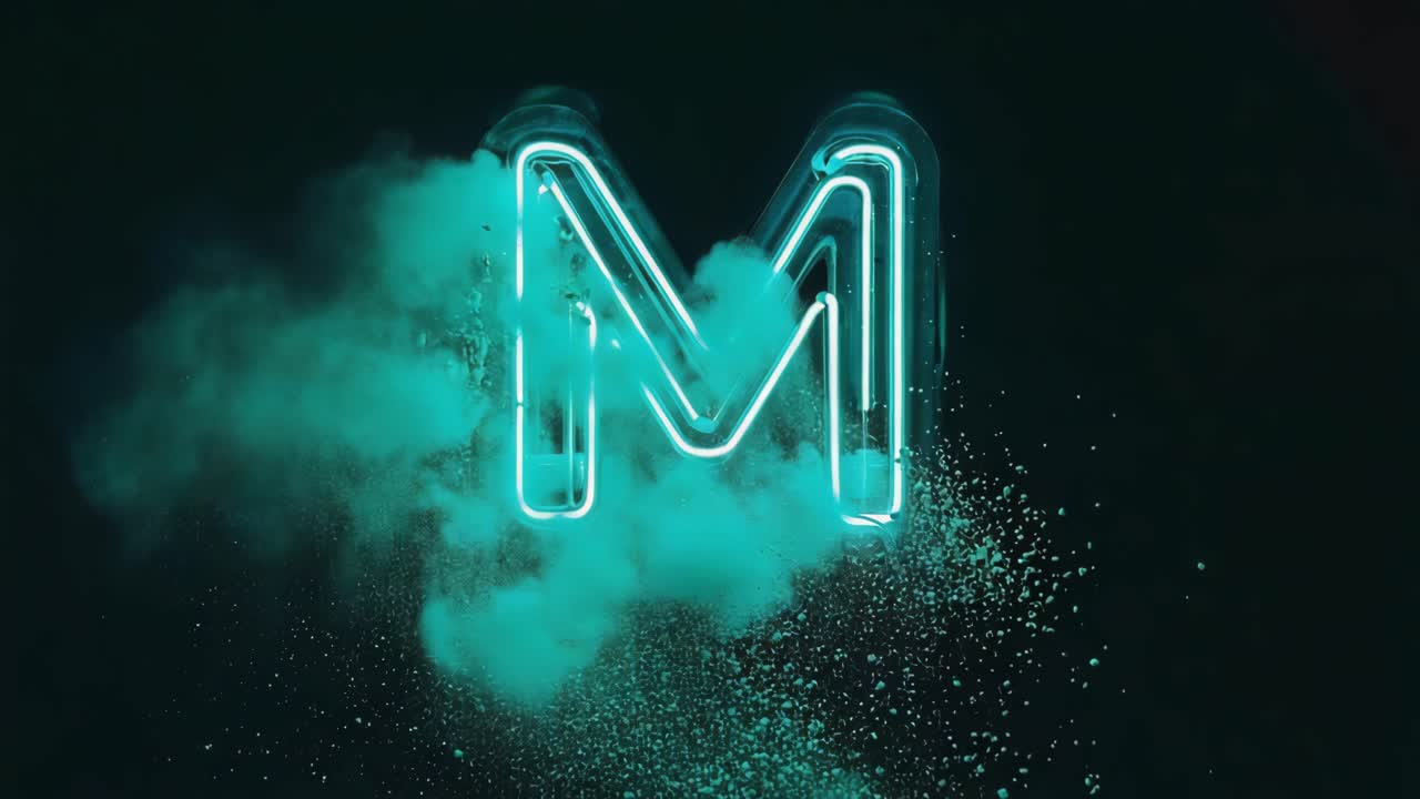 Neon letter M with smoke and powder effect