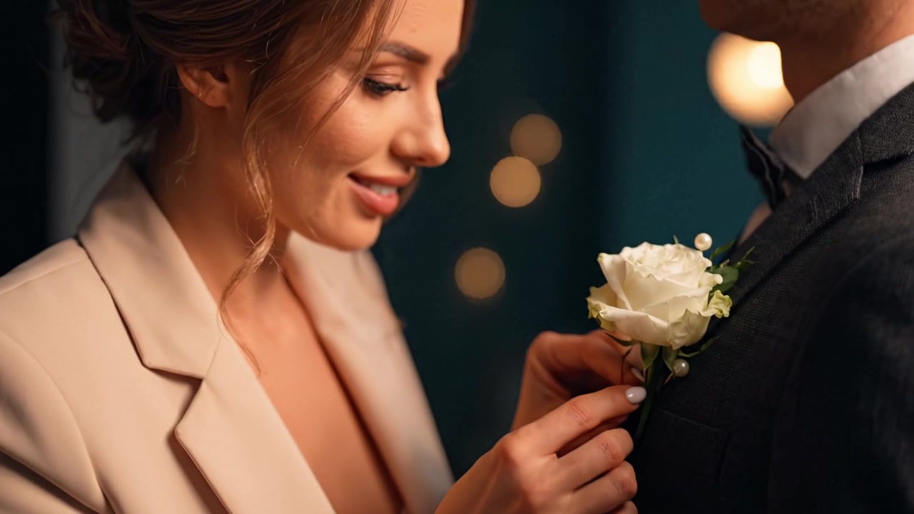 Un momento di romanticismo: una donna appunta una boutonnière di rosa bianca sull'abito di un uomo, celebrando l'amore con eleganza in un'atmosfera delicatamente illuminata piena di caldi bagliori