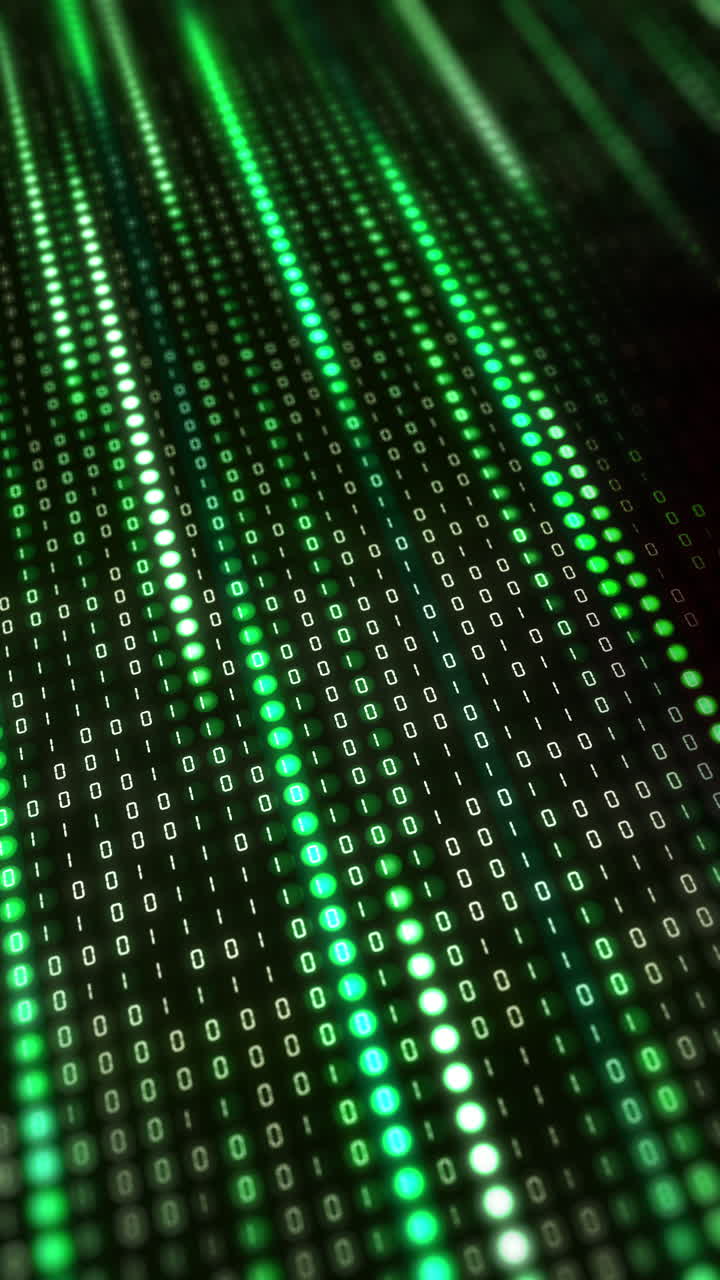 Digital green screen. Variable digital computer code of ones and zeros. Looped animation with binary code in diodes. Vertical video.