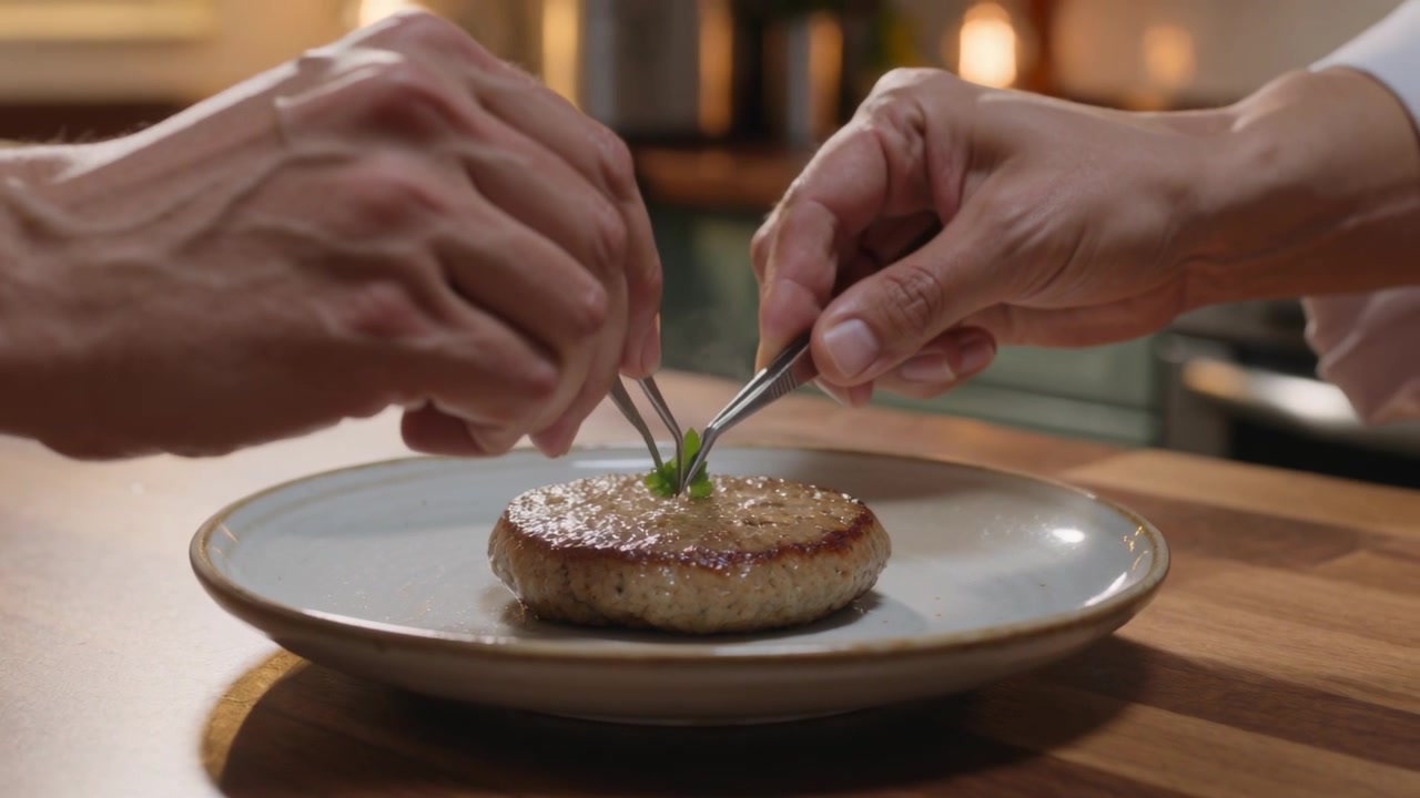 Hands entering with tweezers, white-sleeved chef placing microgreen on patty for plating at counter
