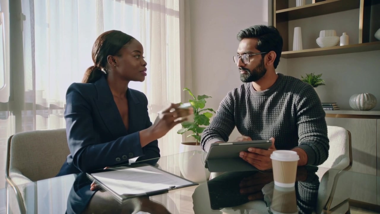 Reaching woman navy-blazer gesturing pen toward tablet in office, colleague grey-sweater reviewing